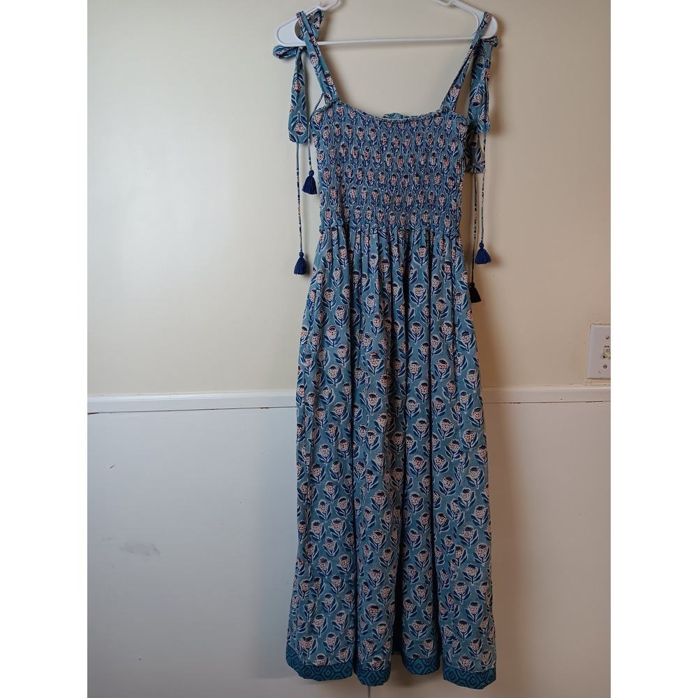 Gingy Dress Womens S Blue Floral Maxi Smocked Tie Strap Cotton Sundress Boho